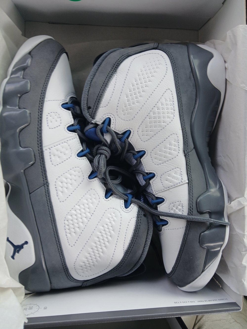 8.5m Jordan 9  White and Gray High-Top Athletic Sneakers with Navy Accents
